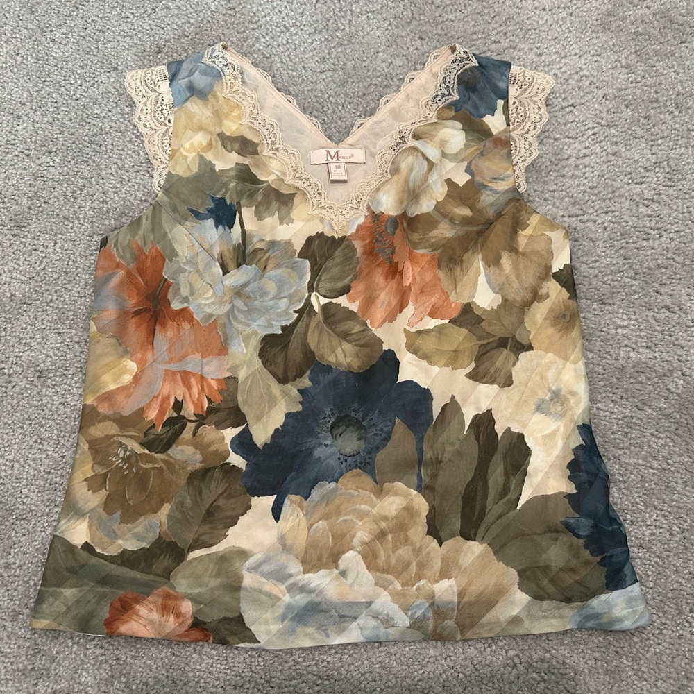 Moiselle Floral Top with Lace Trim In Blue and Cream Size US 4